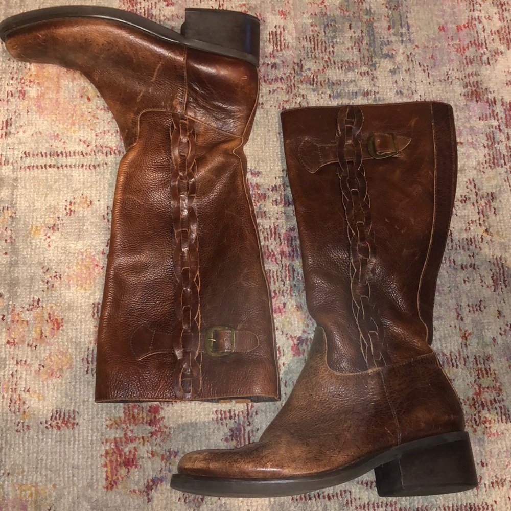 Brown Leather braided knee high round toe Boots Sz 7
